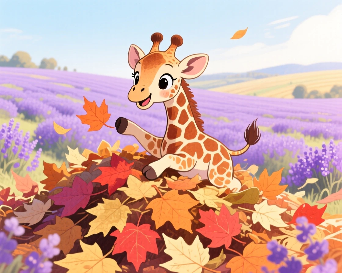 A baby giraffe playing in a pile of crunchy autumn leaves, set in a lavender field stretching to the horizon, sparking a feeling of tender nostalgia.