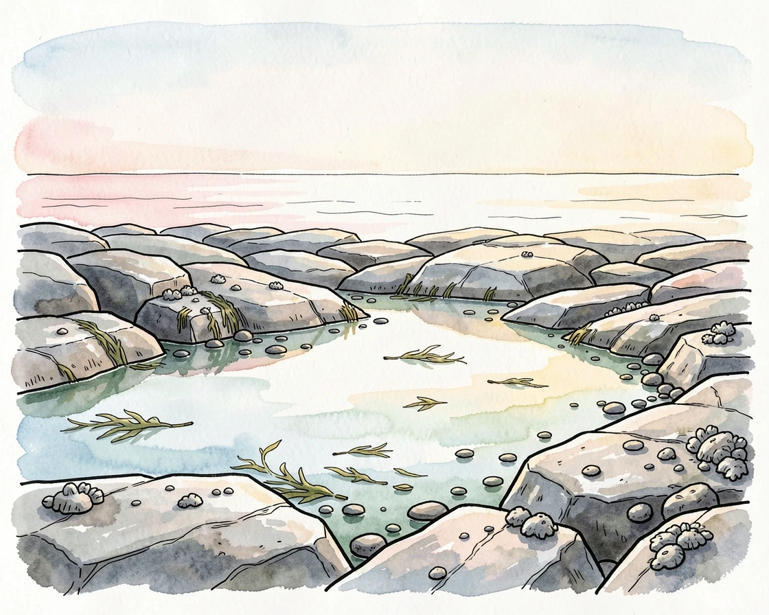 A rocky tidal shelf exposed at low tide and covered in tide pools, the air still and cool with the promise of a new day.