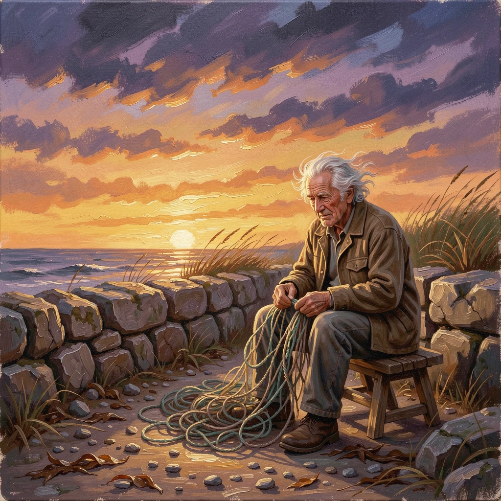 At sunset, colors deepening across the sky, an elderly fisherman mending his nets, along a windswept coastal path, wind catching loose strands of hair.