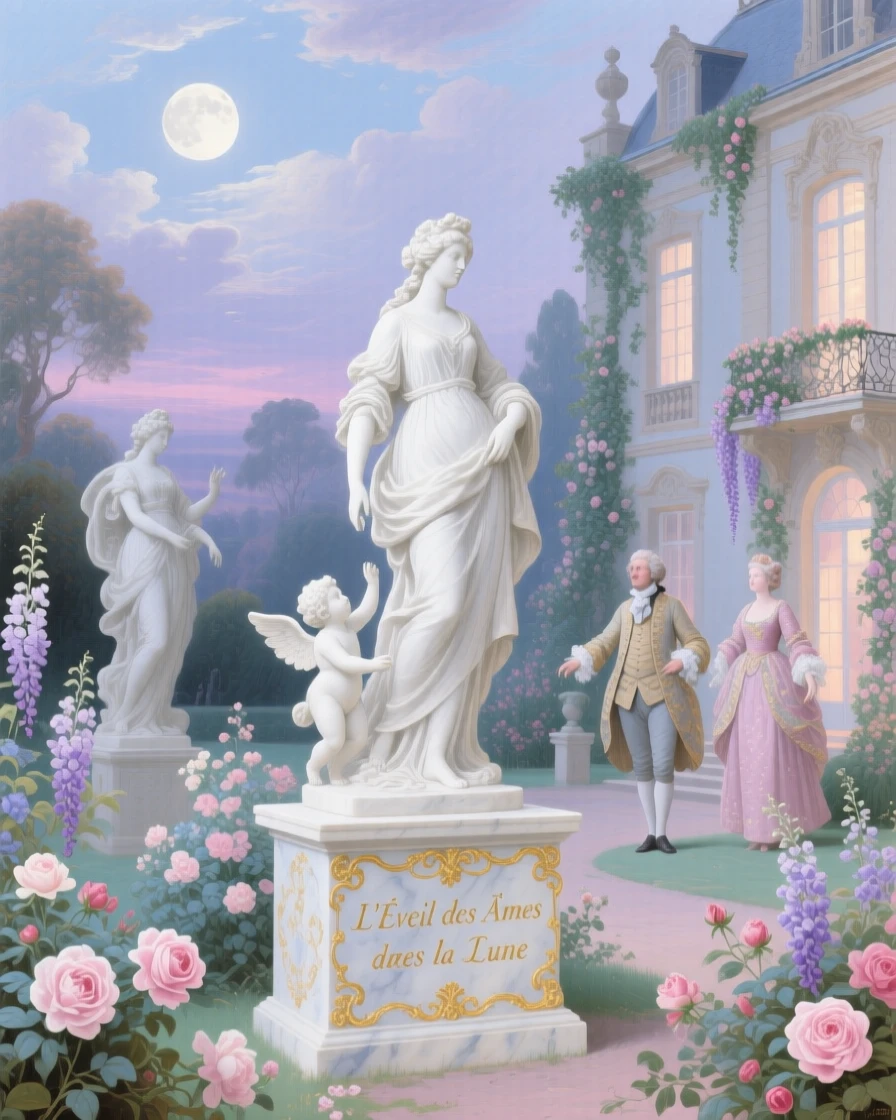 A palace garden where marble statues awaken beneath the full moon  