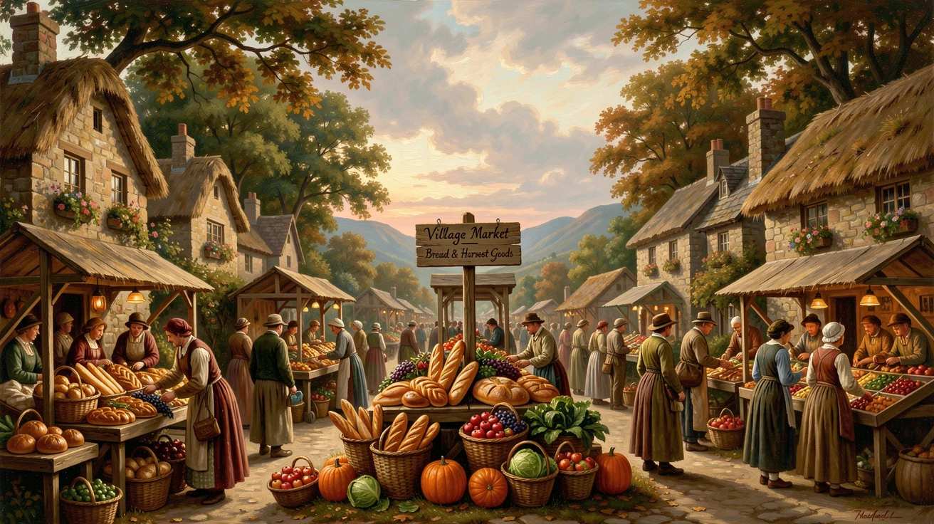A village market overflows with baskets of fresh bread and produce.