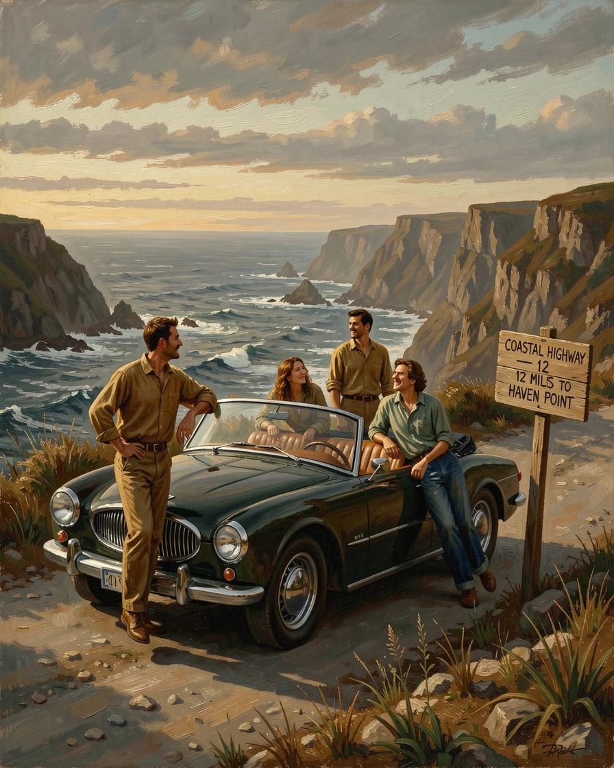 A group of friends road-tripping along a dramatic coastal highway, as the golden light of dawn or dusk sets the perfect adventurous mood, capturing the excitement, freedom, and wonder of travel