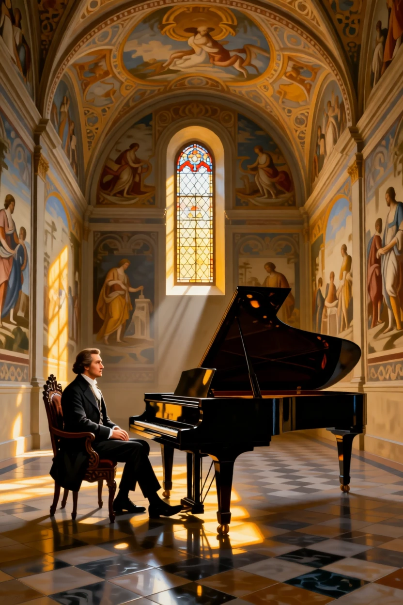 A private chapel with frescoed walls and a single beam of light standing empty in the golden hush of late afternoon, set within a private estate untouched by passing time, with a single grand piano standing beneath a shaft of window light; a lone figure or object provides scale against the soaring architecture, suggesting both luxury and profound stillness.