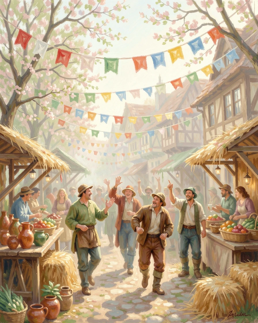 A traditional harvest festival in a medieval village, farmers celebrating beneath colorful banners, in early spring, capturing a fleeting moment of pure happiness.