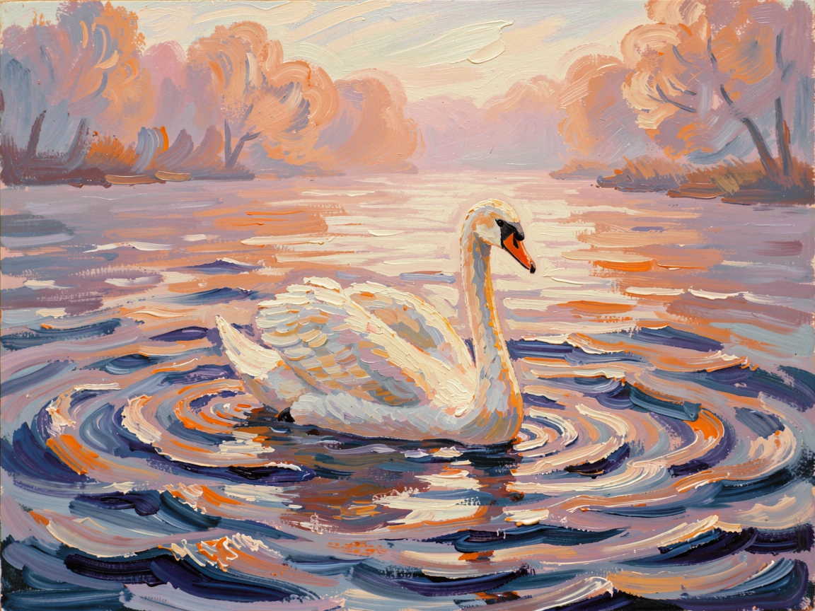 A single swan gliding across a lake wreathed in early morning mist.