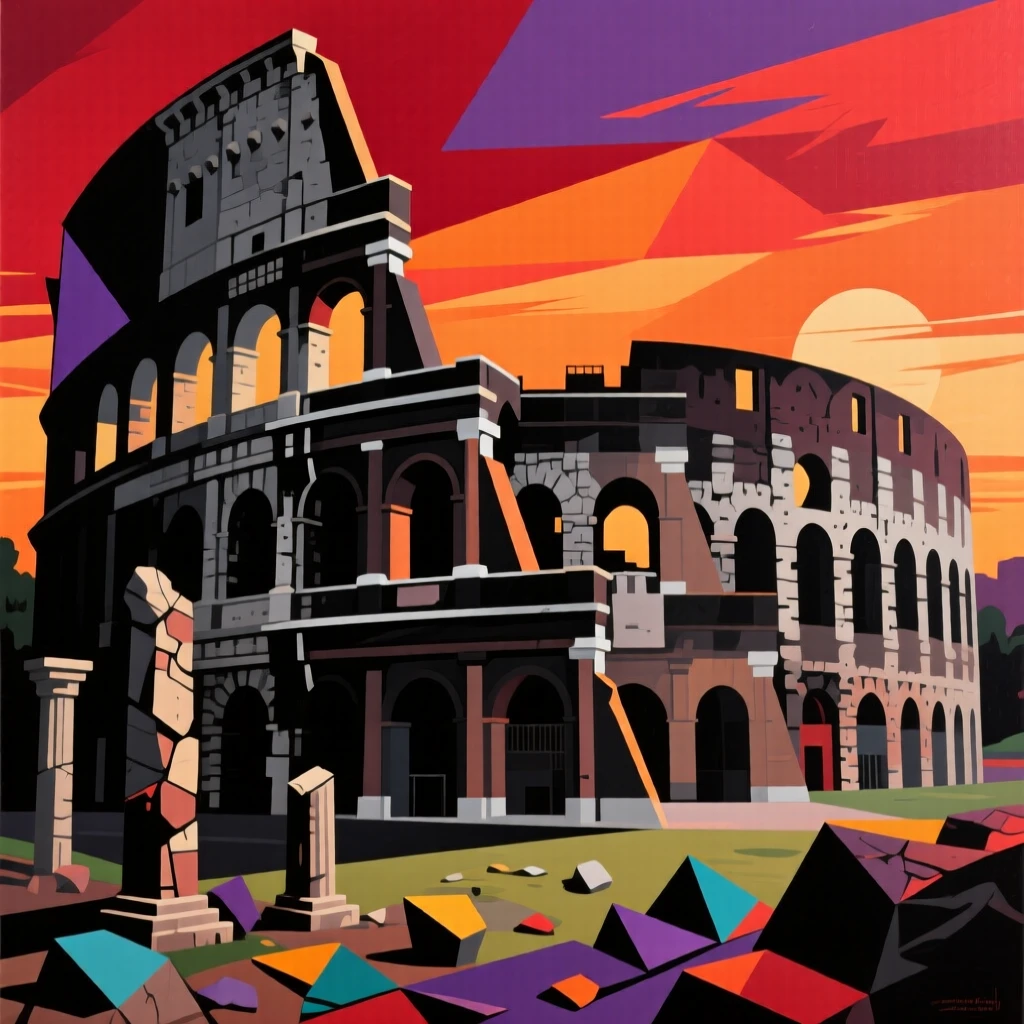 A breathtaking view of the Colosseum, silhouetted against a fiery evening sky.