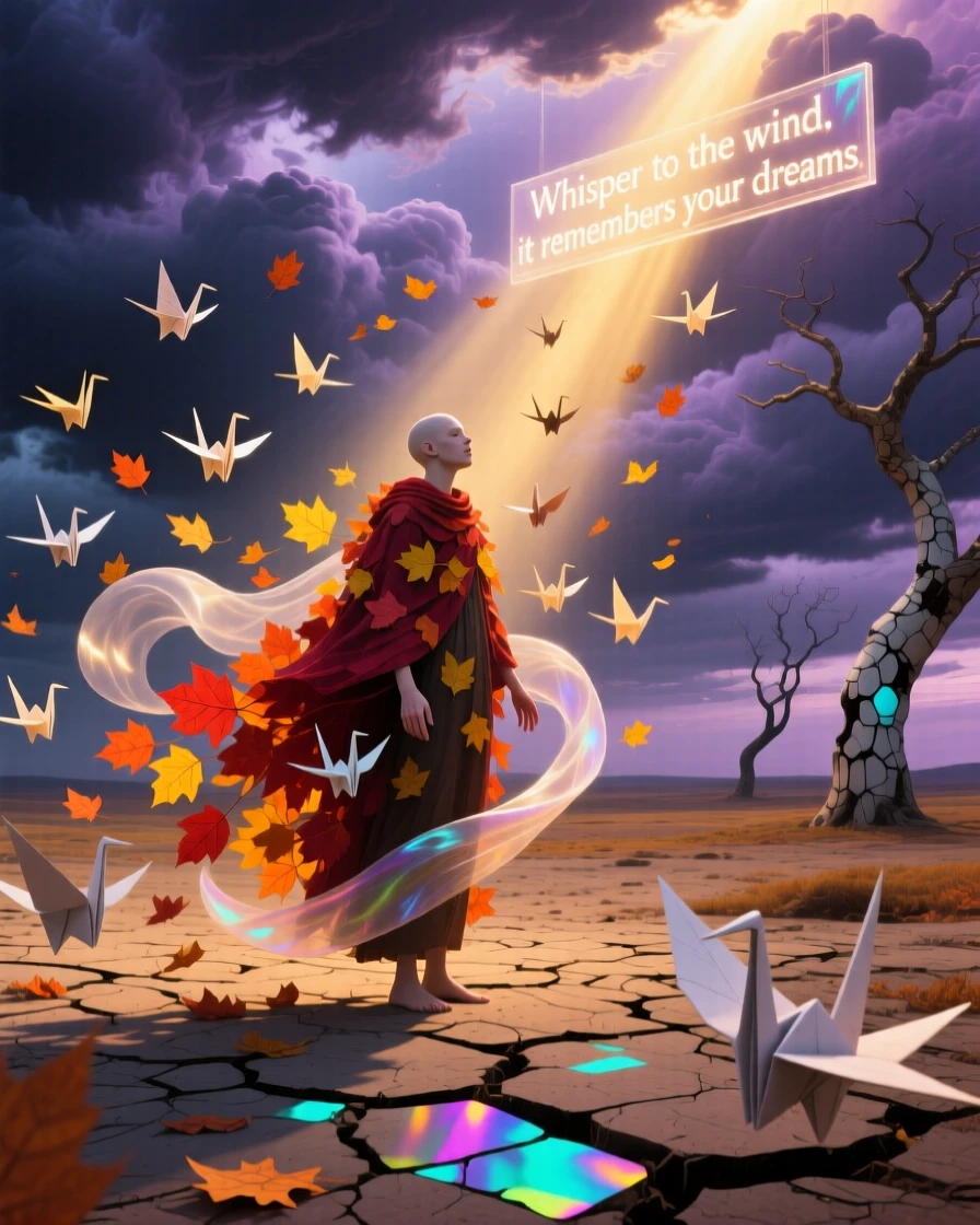 An autumn wind carrying leaves shaped like tiny paper birds wraps gently around a lone figure standing still, as soft light breaks unexpectedly through heavy clouds.