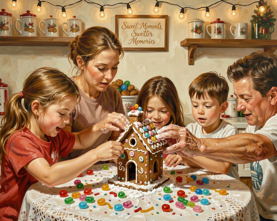A family decorates a gingerbread house together at a kitchen table covered in candy and frosting, warm holiday lights glowing nearby, the scene capturing a fleeting, candid moment within a larger ongoing celebration.
