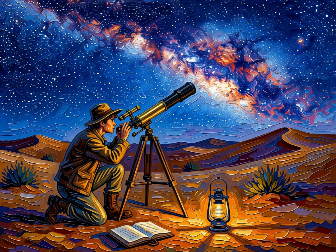 A young astronomer setting up a telescope in a remote desert under a blazing Milky Way