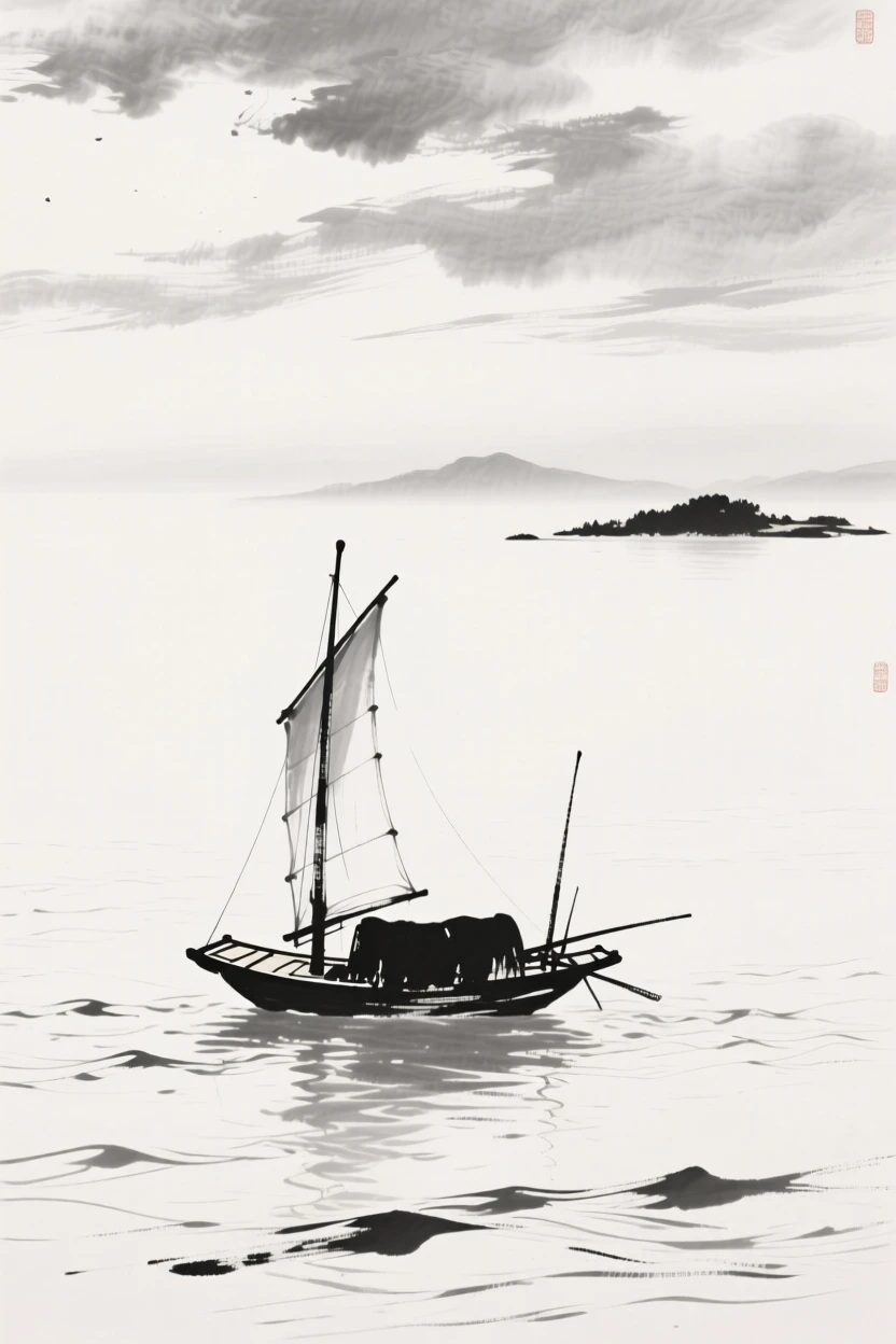 A fishing junk sails across open water beneath a sky full of drifting clouds, with distant islands rising faintly from the sea.