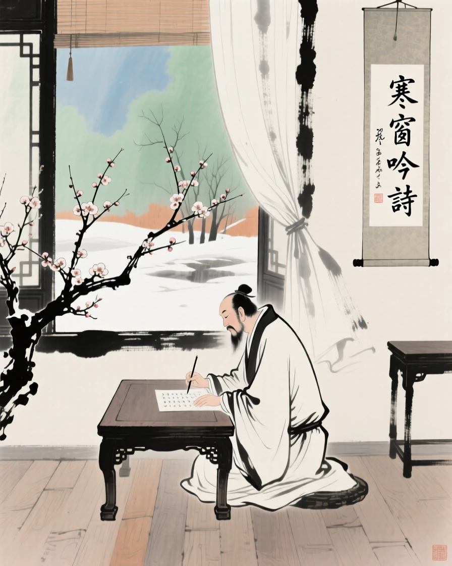 A scholar seated at a low table composing poetry beside an open window, radiating gentle serenity, in the mild days of early winter.