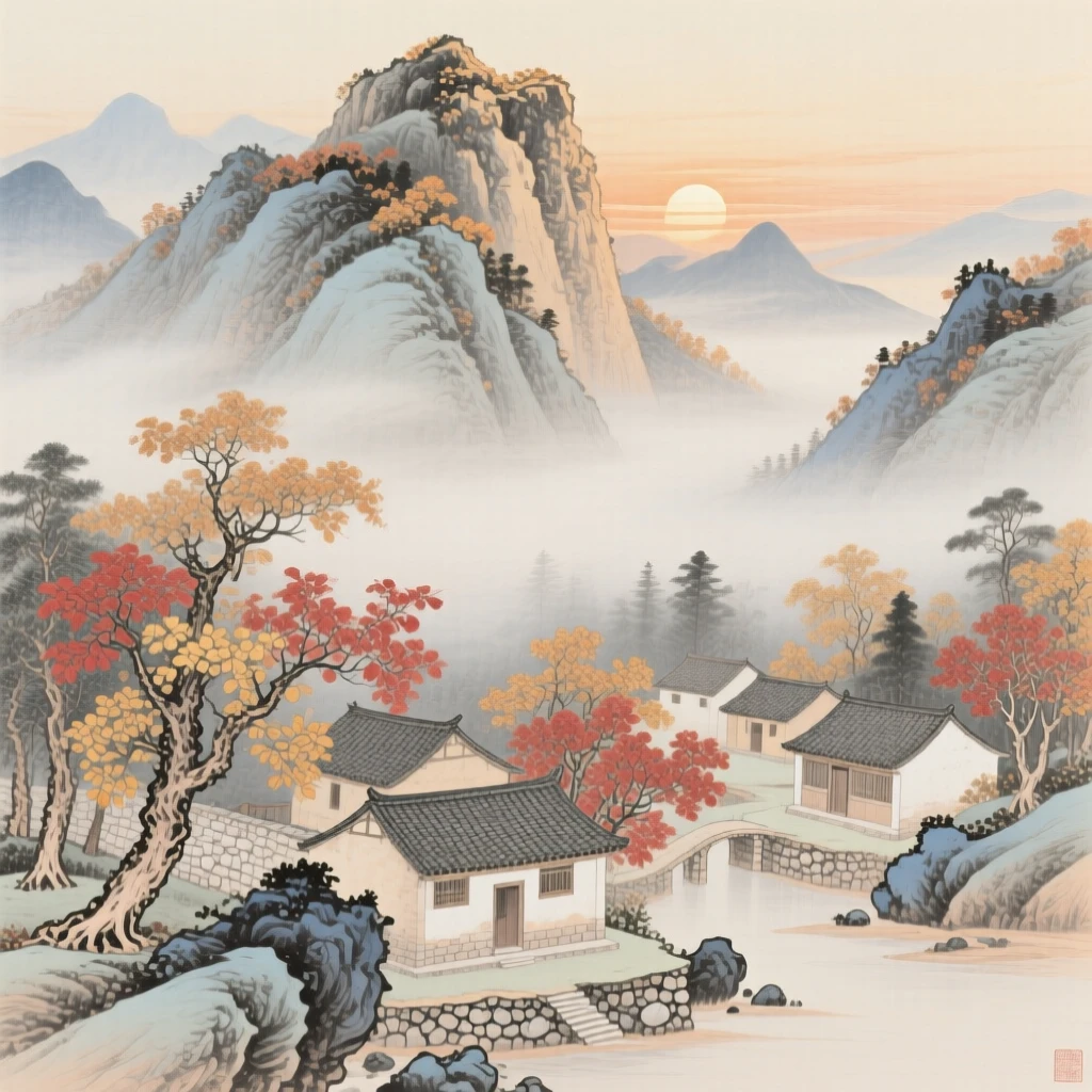 A mountain village wrapped in autumn mist, with the first light of sunrise touching the highest peak