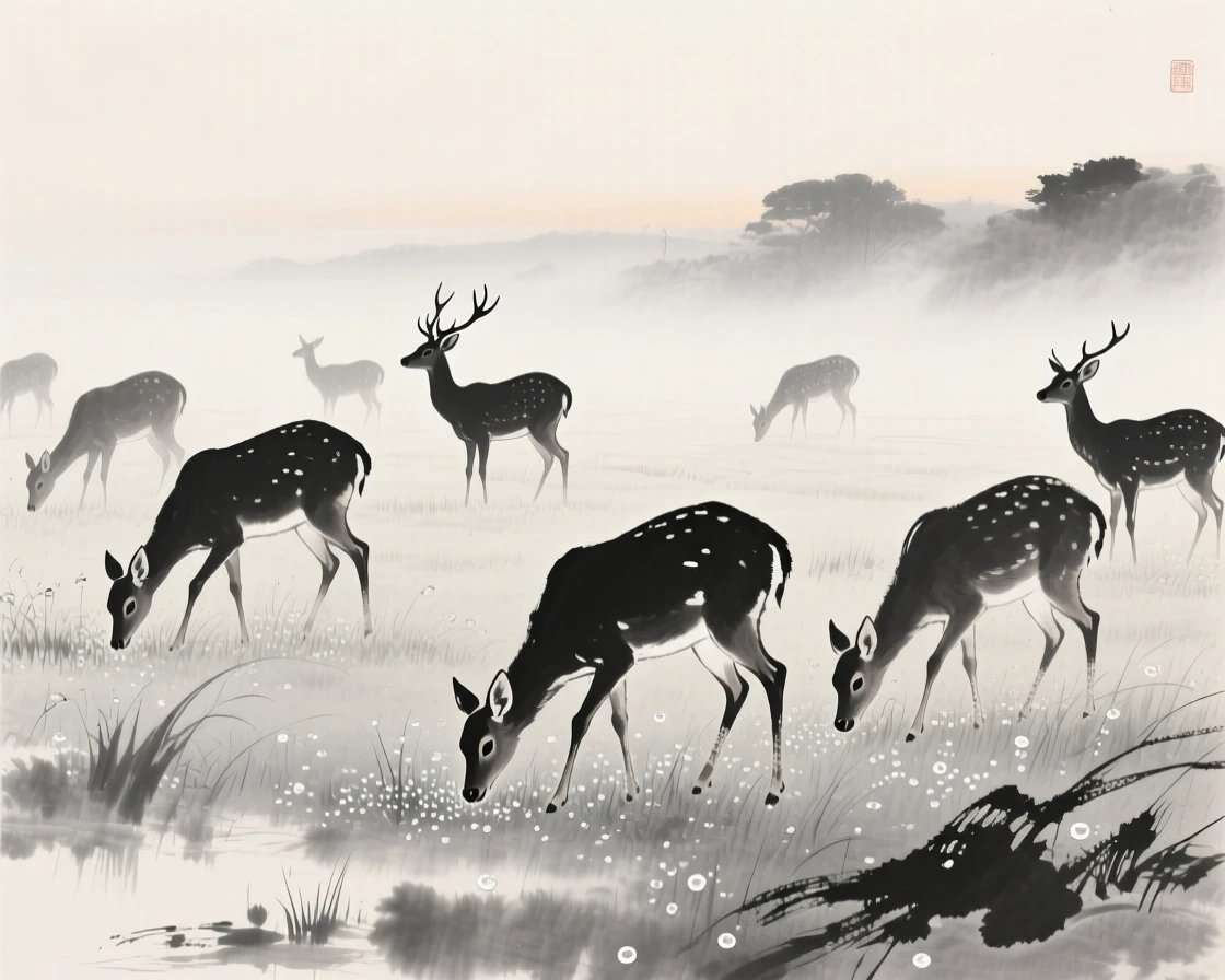 A herd of deer grazing quietly in a dew-covered meadow, viewed through a gentle veil of morning mist, carrying a sense of quiet dignity and wildness.