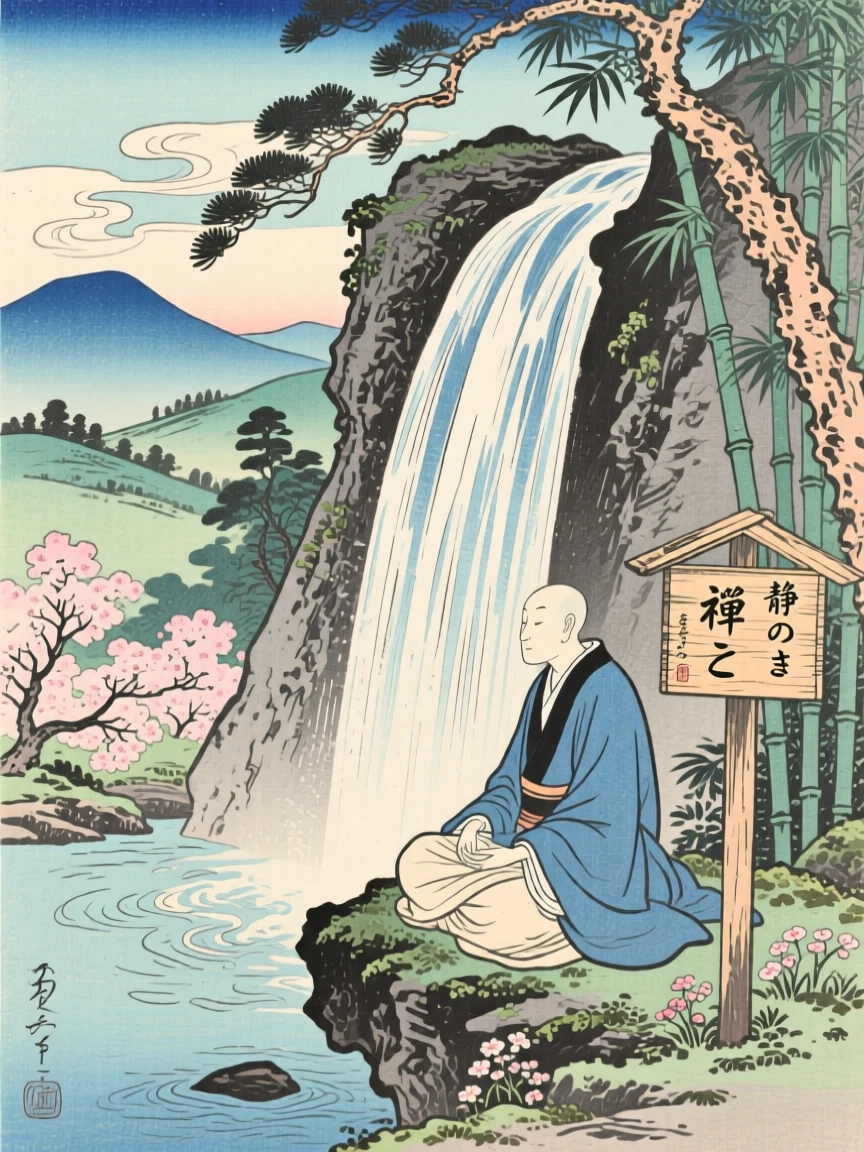A meditating figure sitting in stillness beside a waterfall, above a quiet valley.