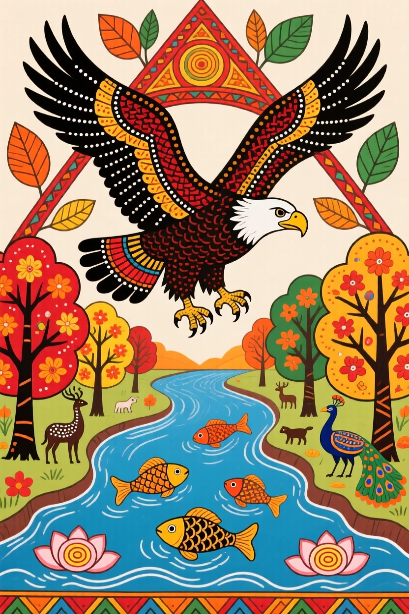 A bald eagle soaring above a river lined with autumn trees.