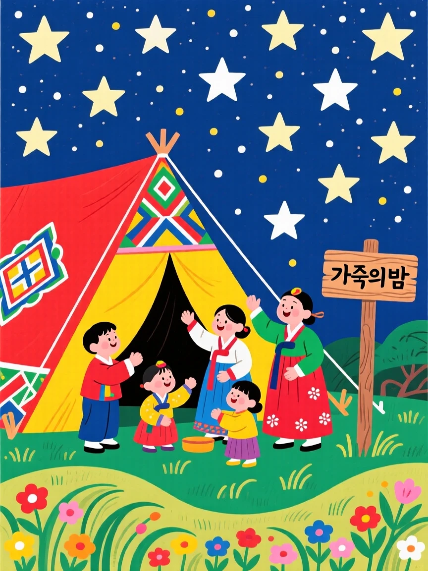 A family setting up a tent beneath a starry sky.