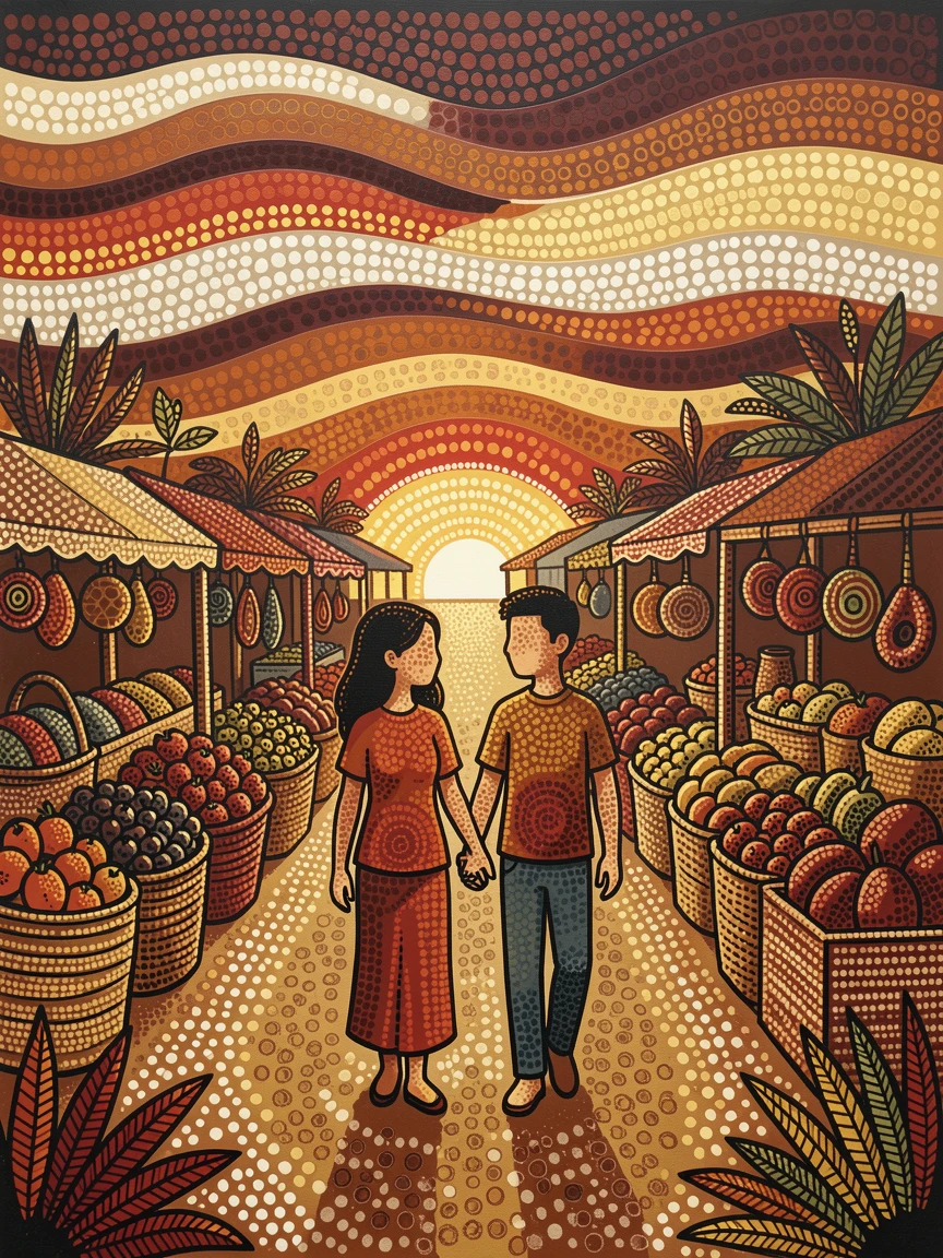 A young couple walking through a market at dusk at sunrise