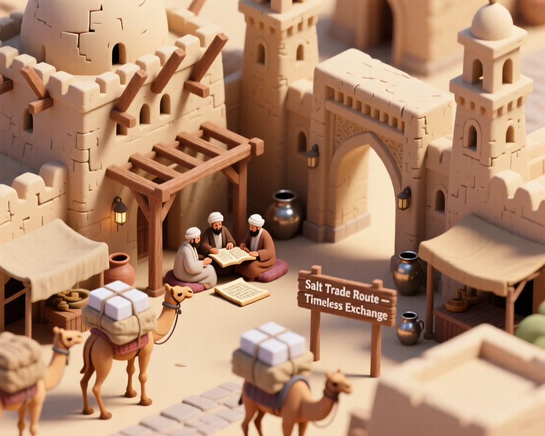 An ancient Malian trading city with mud-brick mosques, camel caravans laden with salt, and scholars studying beneath a shaded archway.
