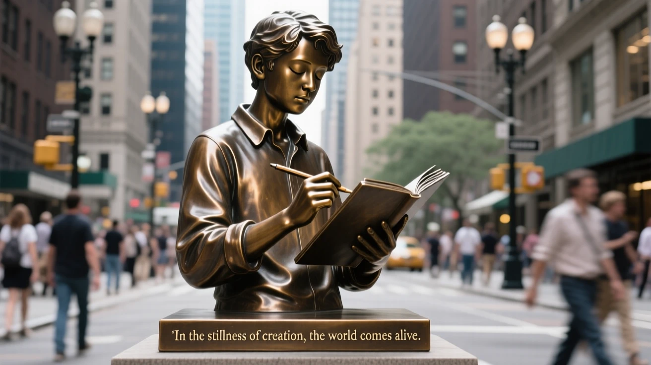 A young artist sketching a bustling city street, with eyes closed in peaceful serenity, forming a strong central focal point