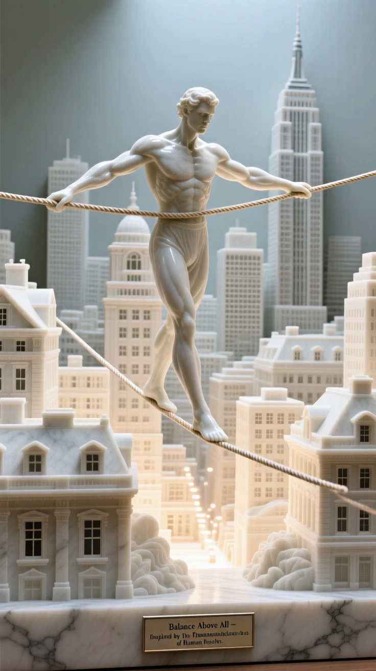 A vivid, emotionally rich scene of a tightrope walker balanced high above a city, surrounded by soft, glowing light, designed to captivate and inspire