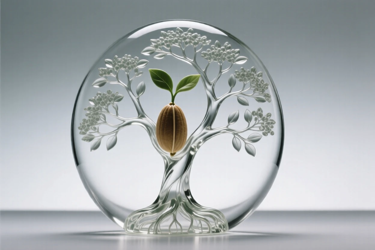 A single seed sprouting into a full tree within one continuous form while a quiet stillness surrounds the entire scene