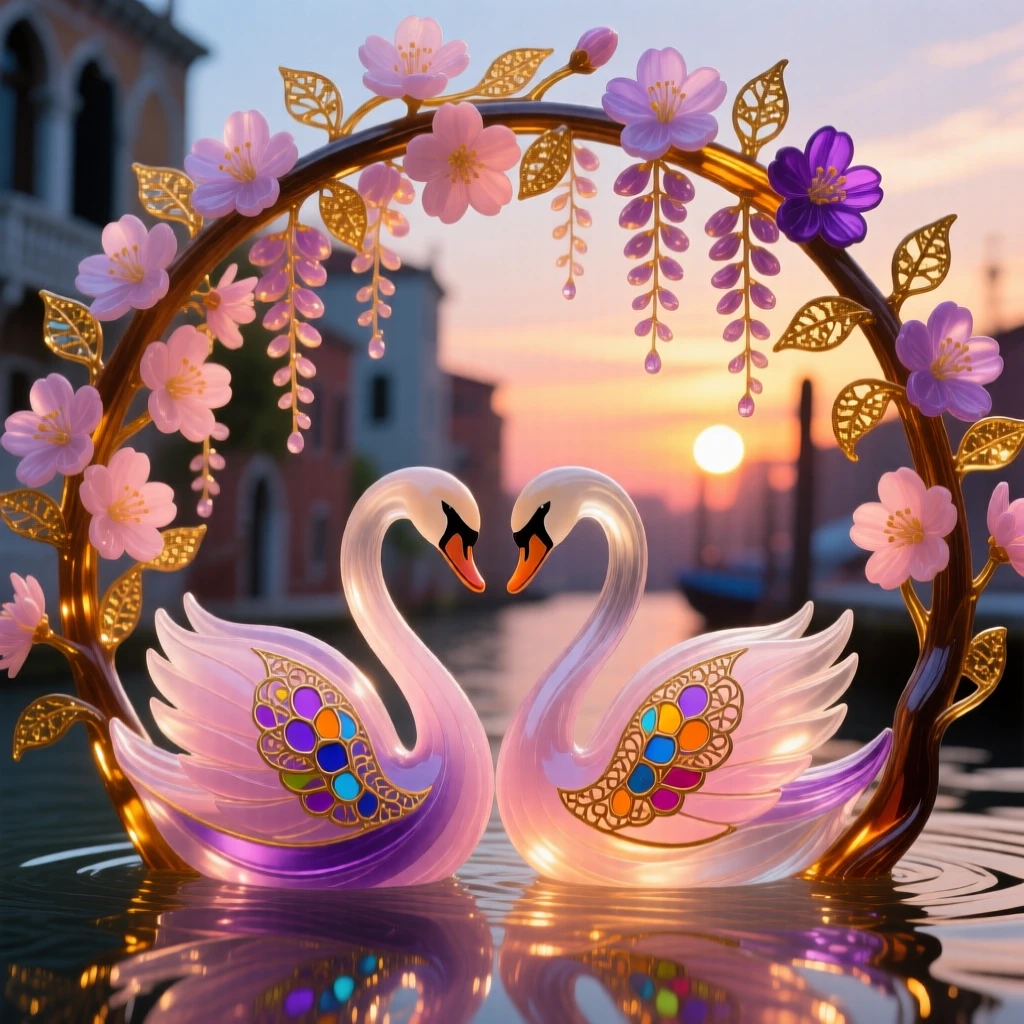 A pair of swans gliding together beneath a blossoming wisteria arch at the height of sunset, romantic and dreamy.
