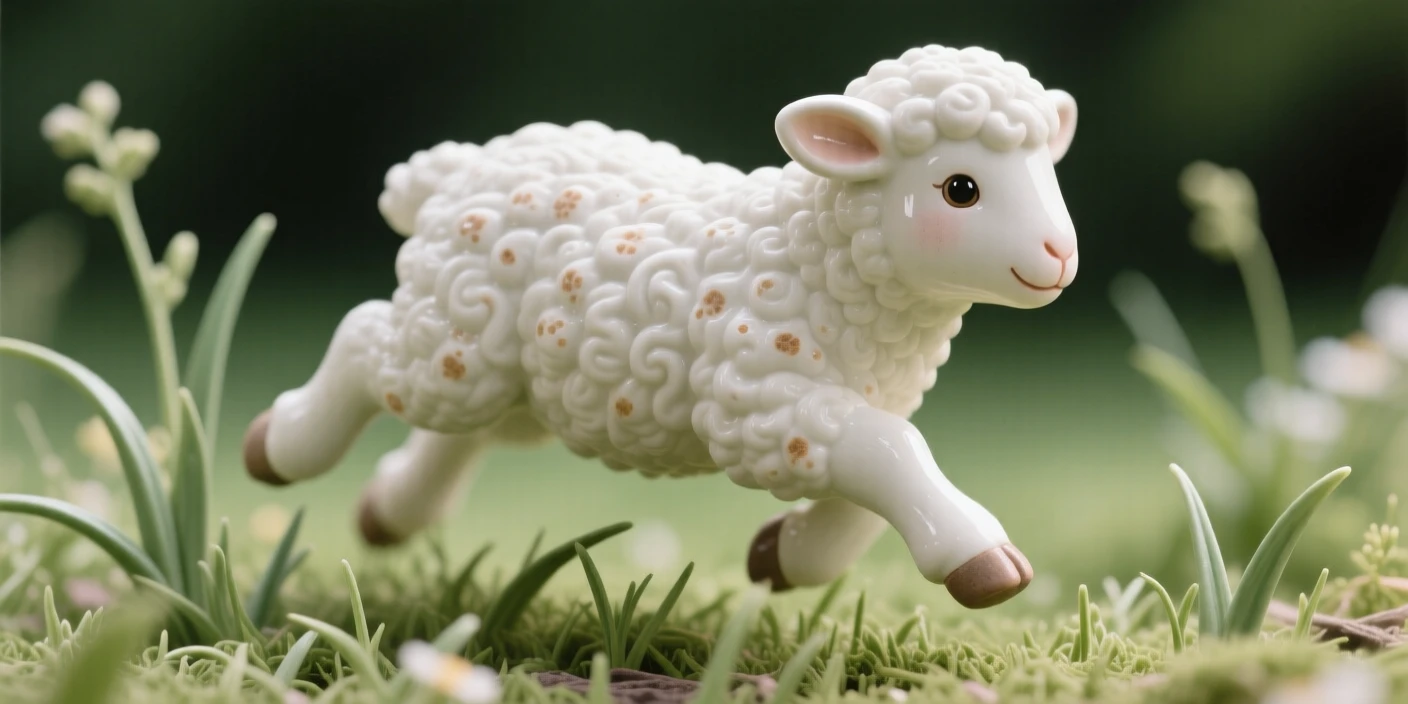 A fluffy baby lamb hopping through spring grass caught mid-wobble in a first clumsy step, dotted with tiny, delicate freckled markings, evoking pure, heartwarming sweetness.