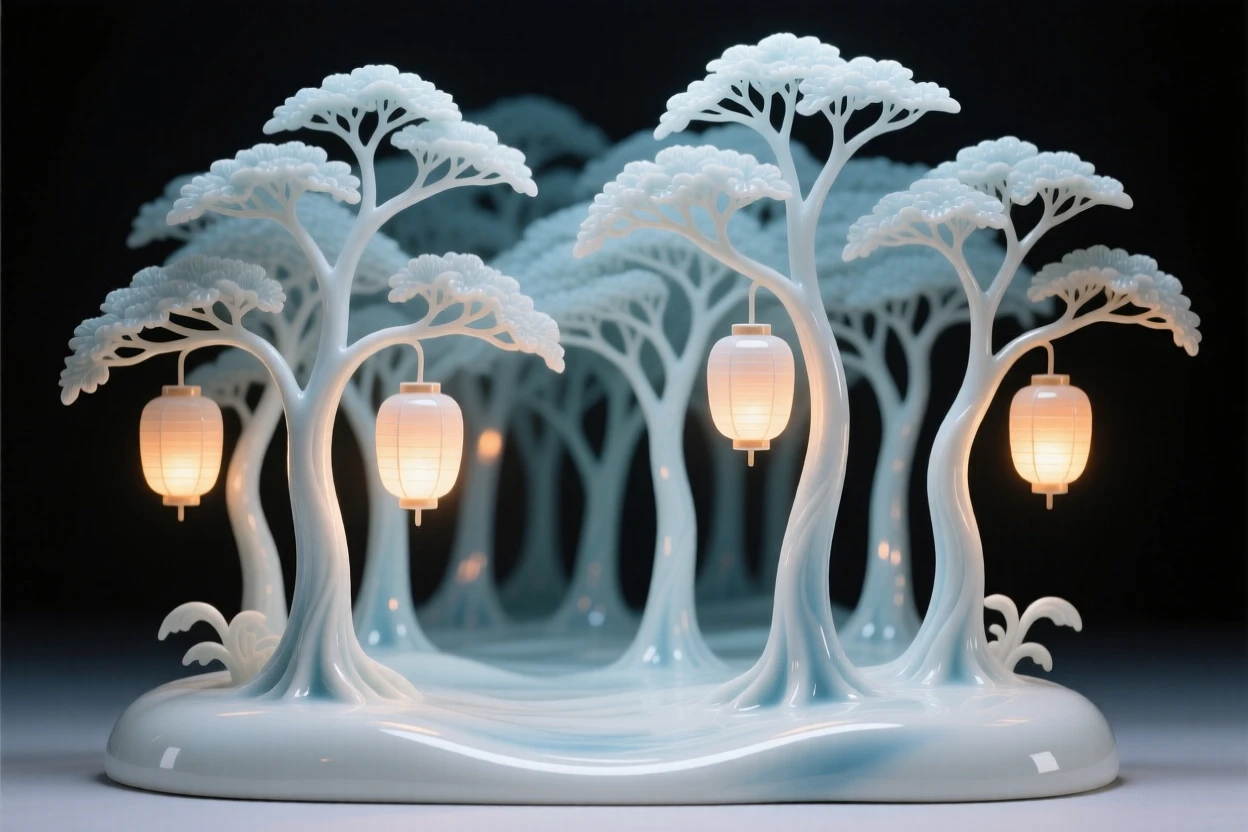 A dreamlike scene of a forest where the trees glow like lanterns, balanced between the familiar and the fantastical.