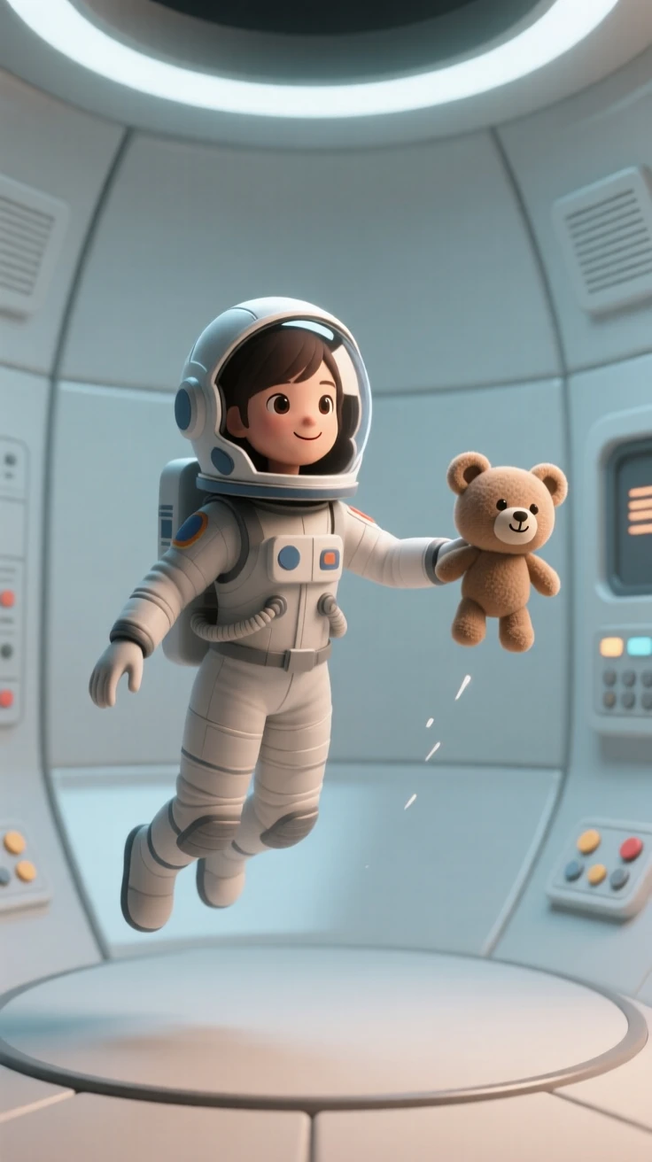 A proud young astronaut floats a small stuffed animal beside her inside a training simulator, both weightless.