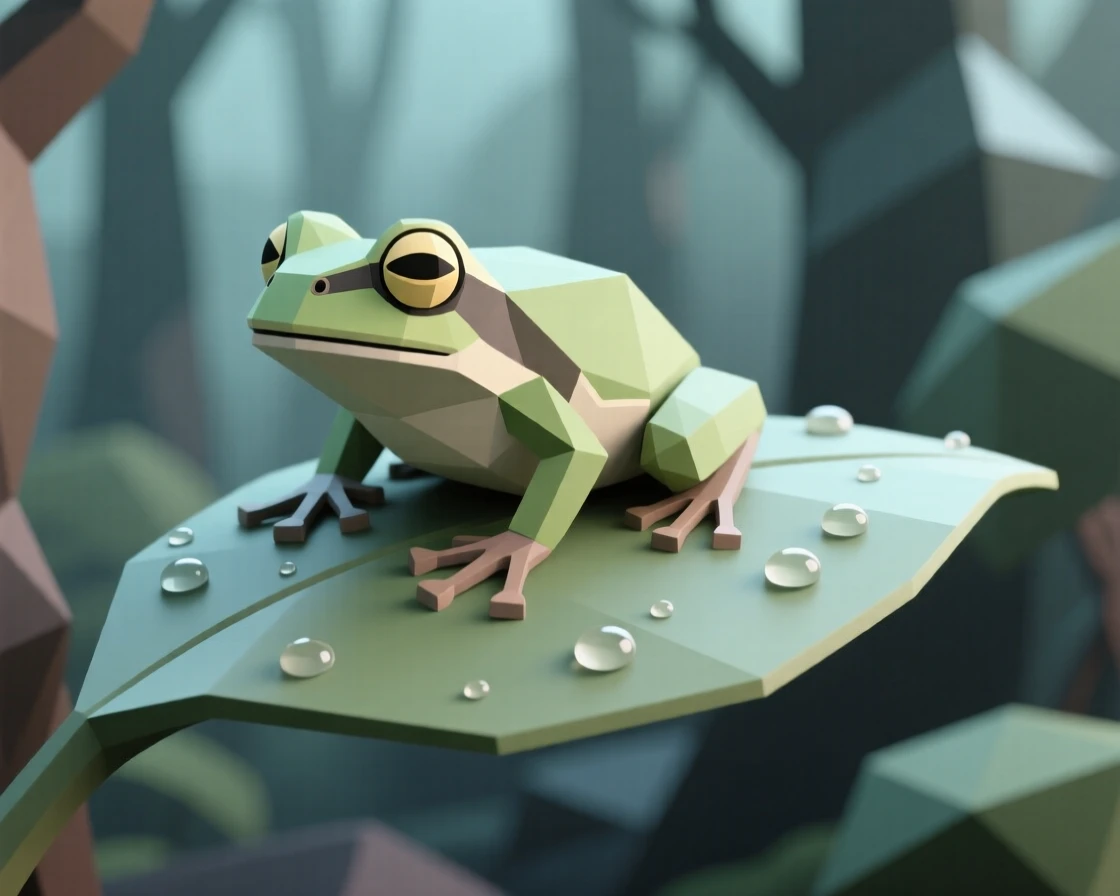 A tree frog resting on a dew-covered leaf, in a quiet, dew-covered forest. the background gently blurs to keep focus on the subject. The atmosphere is wild and untamed.