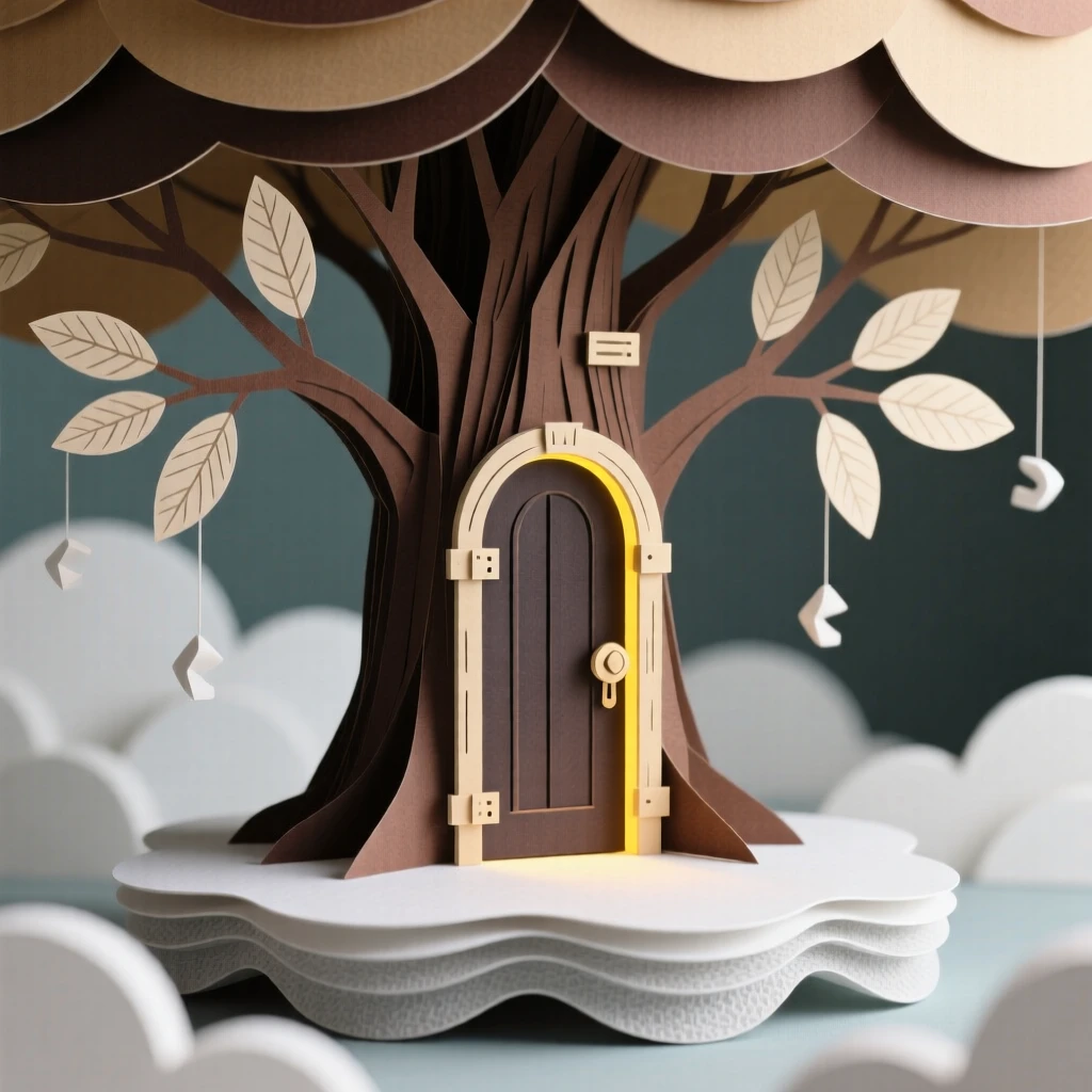 A hidden door glowing at the base of a tree suspended peacefully among soft clouds, with delicate details inviting closer inspection, capturing quiet, enchanting mystery.