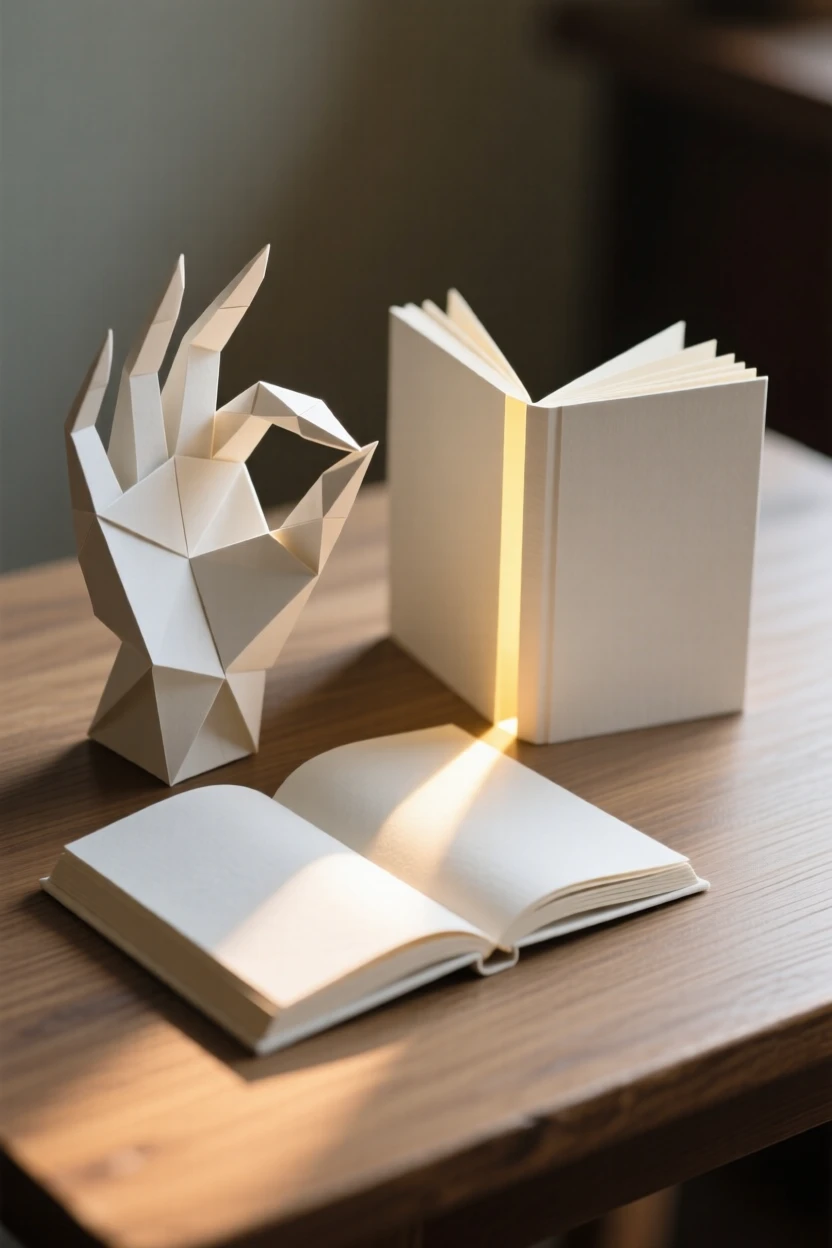 A hand opening a book from which a tiny beam of sunlight escapes onto the table.