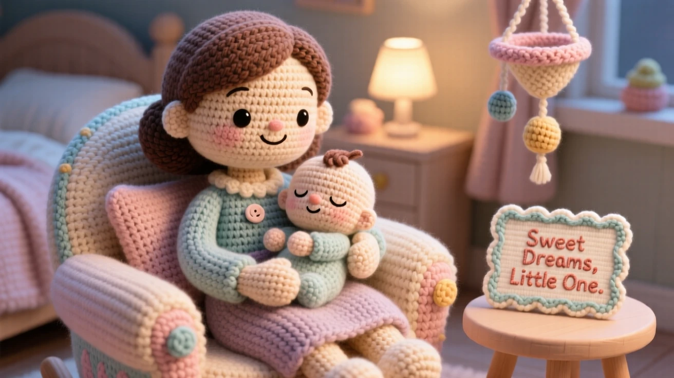 a mother rocking her baby to sleep, humming a gentle lullaby, swaying softly in a cozy nursery chair, in a cozy bedroom decorated for a good night's sleep, with a handmade card resting on the table, radiating heartfelt closeness and shared happiness.