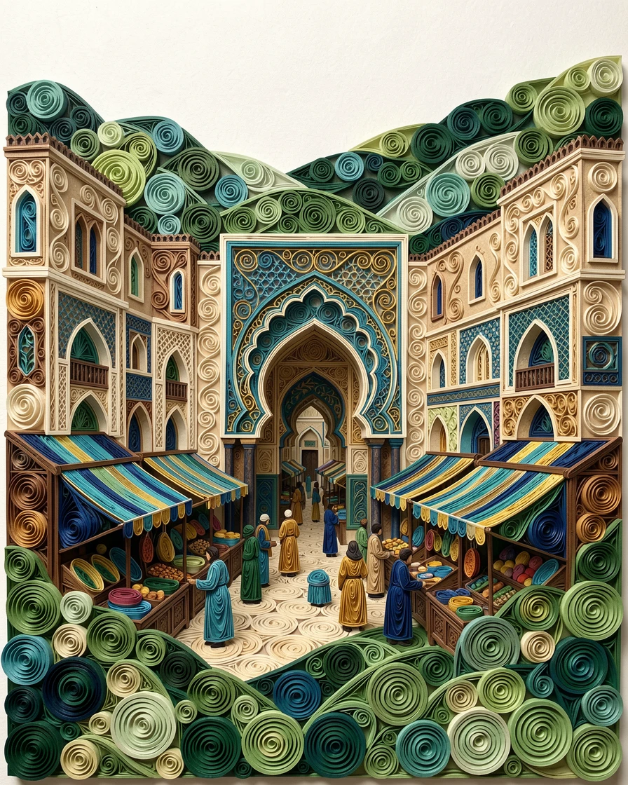 A breathtaking view of a Moroccan medina with colorful market stalls and archways surrounded by rolling green hills, in a rich palette of blue, teal, and gold, composed with the landmark as a striking central focal point.