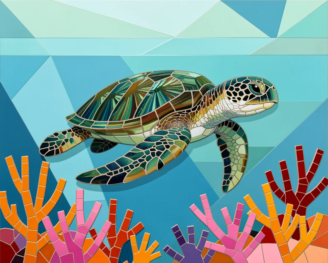 A sea turtle gliding gracefully over a coral reef.