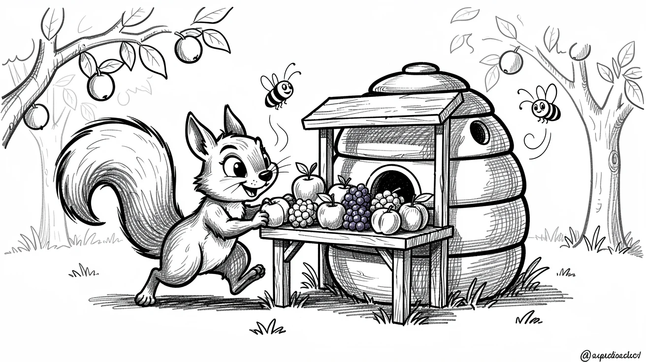 A squirrel running a tiny fruit stand beside a beehive in an orchard.