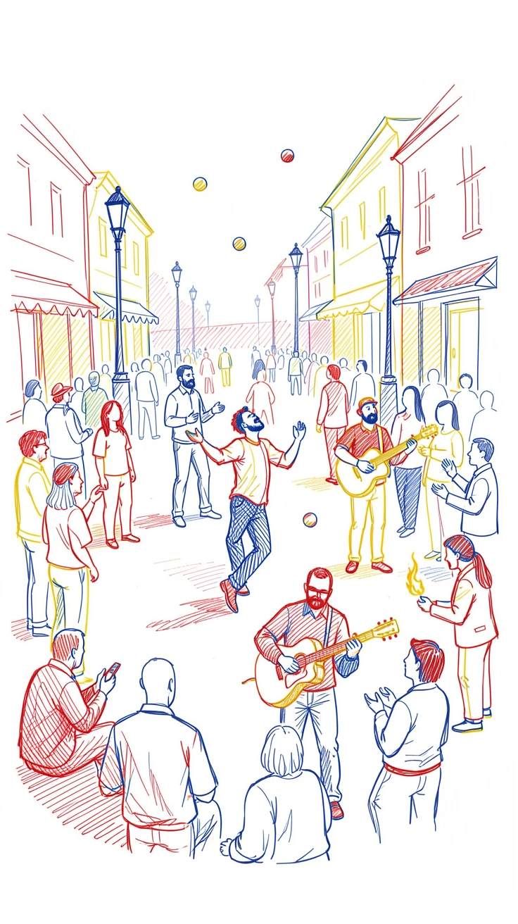 A busy plaza filled with street performers entertaining an evening crowd
