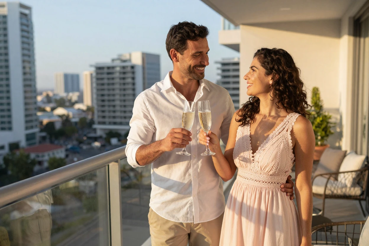 A couple toasting champagne on a hotel balcony