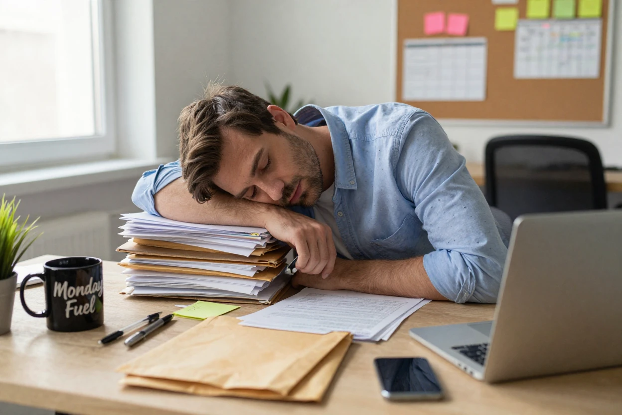 A man accidentally falls asleep at his desk with his face resting on a stack of paperwork.