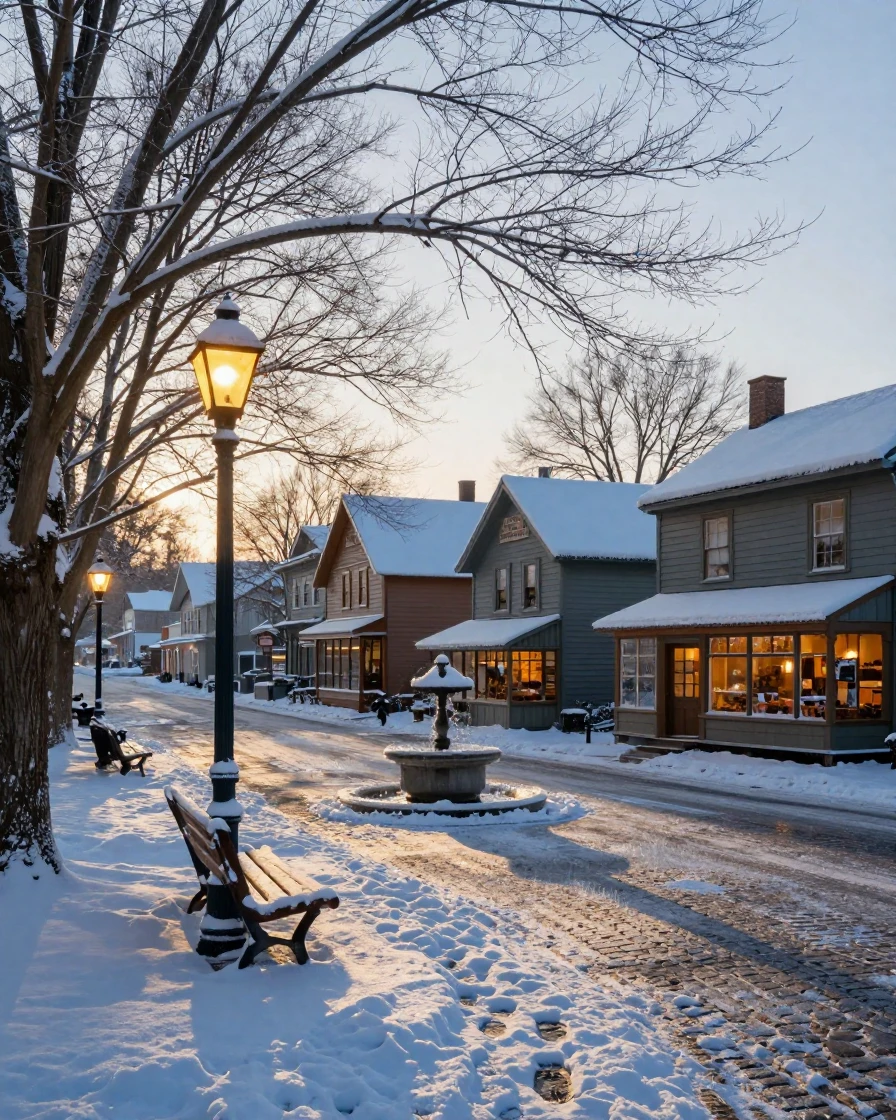 A small village square blanketed in a fresh layer of snow as the town slowly wakes
