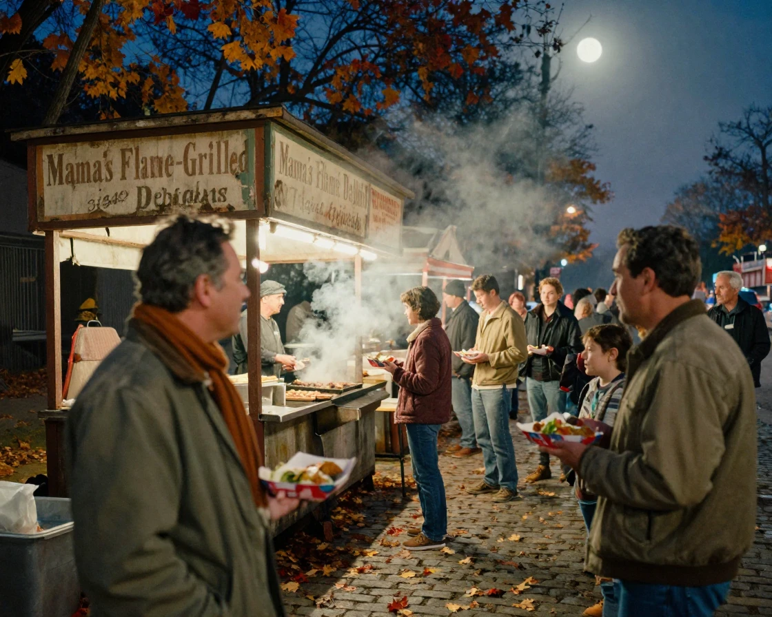 A crowded street food stall with sizzling grills and rising smoke, under moonlight, on a clear, cloudless day, as autumn leaves turn gold and red, with muted olive and rust colors, over the shoulder of the main subject.