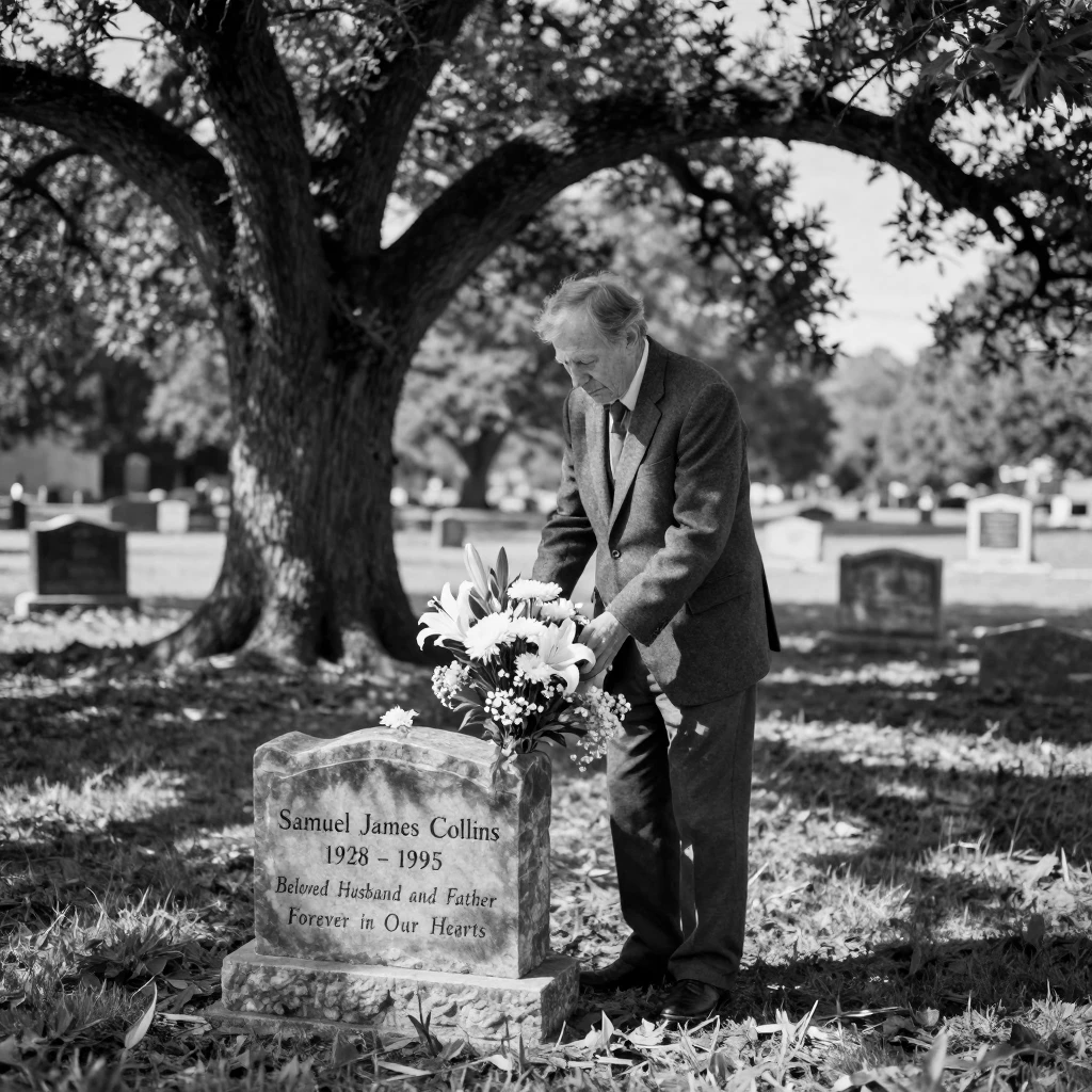 A widower places flowers on a headstone beneath a solitary oak tree.
