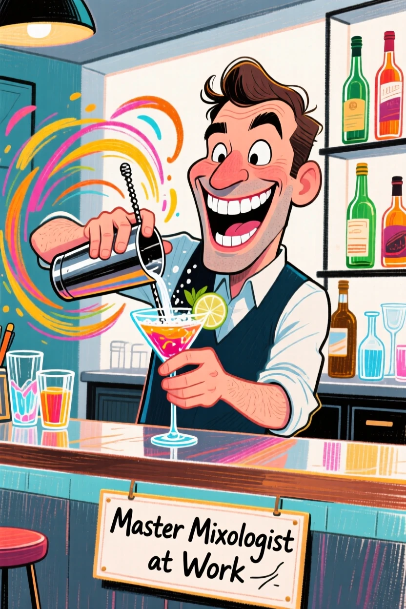 A man mixing a cocktail behind a stylish home bar, shaker mid-shake.