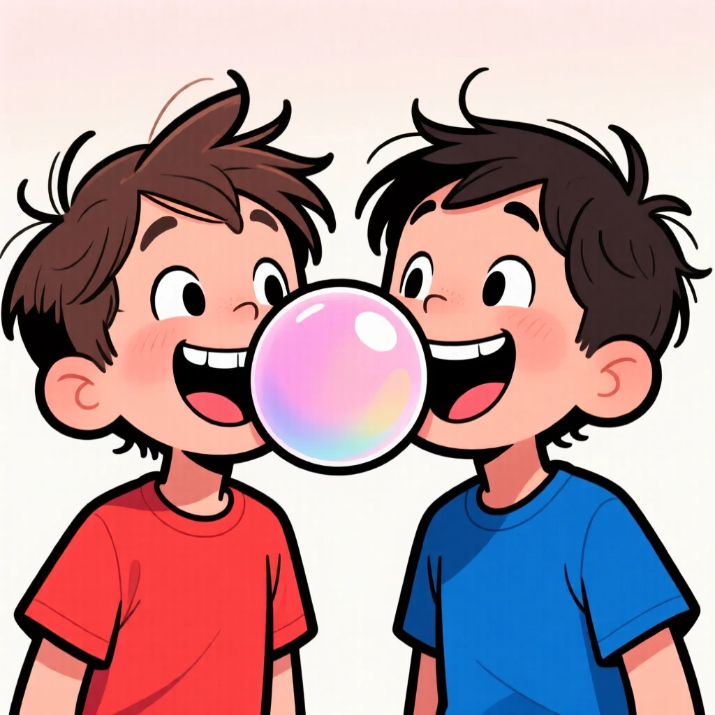 A playful childhood moment of twin siblings blowing an enormous bubblegum bubble, with wide grins and messy hair.