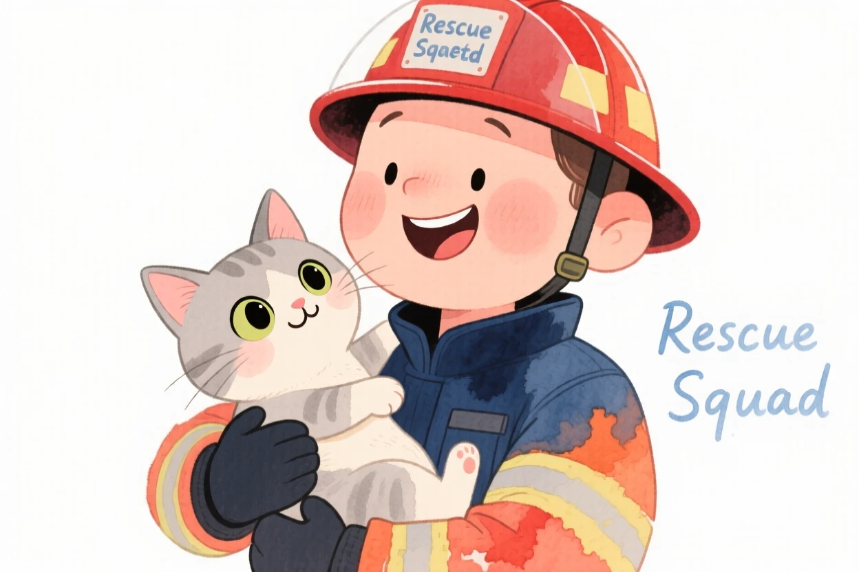 An uplifting, heartwarming moment of a firefighter carrying a rescued kitten to safety