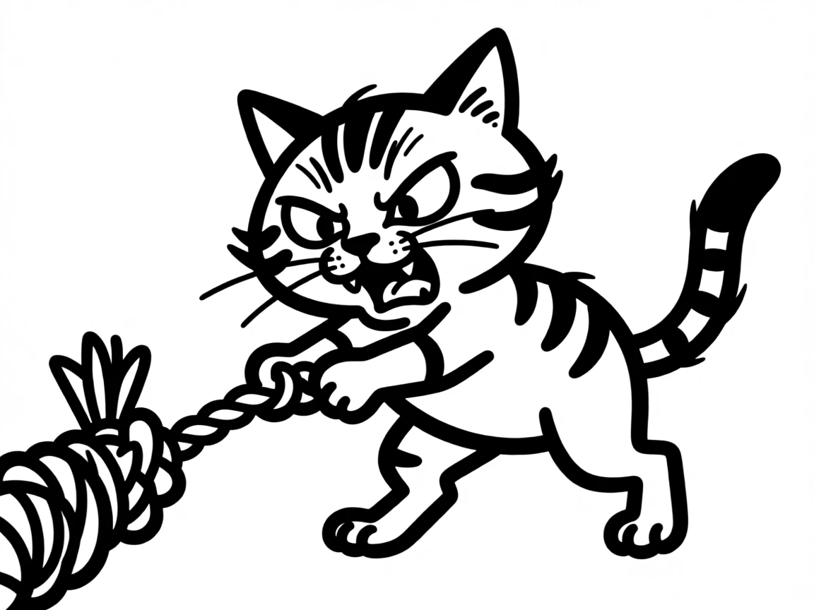 A orange tabby kitten playing tug of war with a rope toy, back paws braced and determined.
