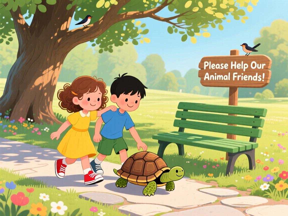 Two children from different backgrounds are seen helping a turtle safely cross a path in a park bench under an old oak tree, with a gentle hand resting on a shoulder.