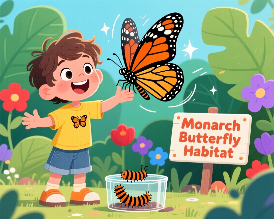 A child releasing a monarch butterfly they raised from a caterpillar.