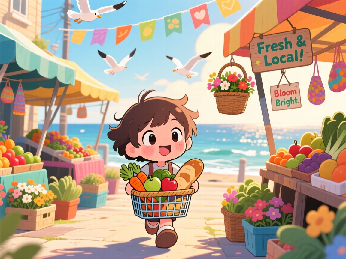 In a colorful neighborhood market, a child is grocery shopping with a tiny shopping basket on a breezy coastal afternoon, bathed in soft golden-hour sunlight, expression full of curious excitement. Shot as a dynamic diagonal composition.