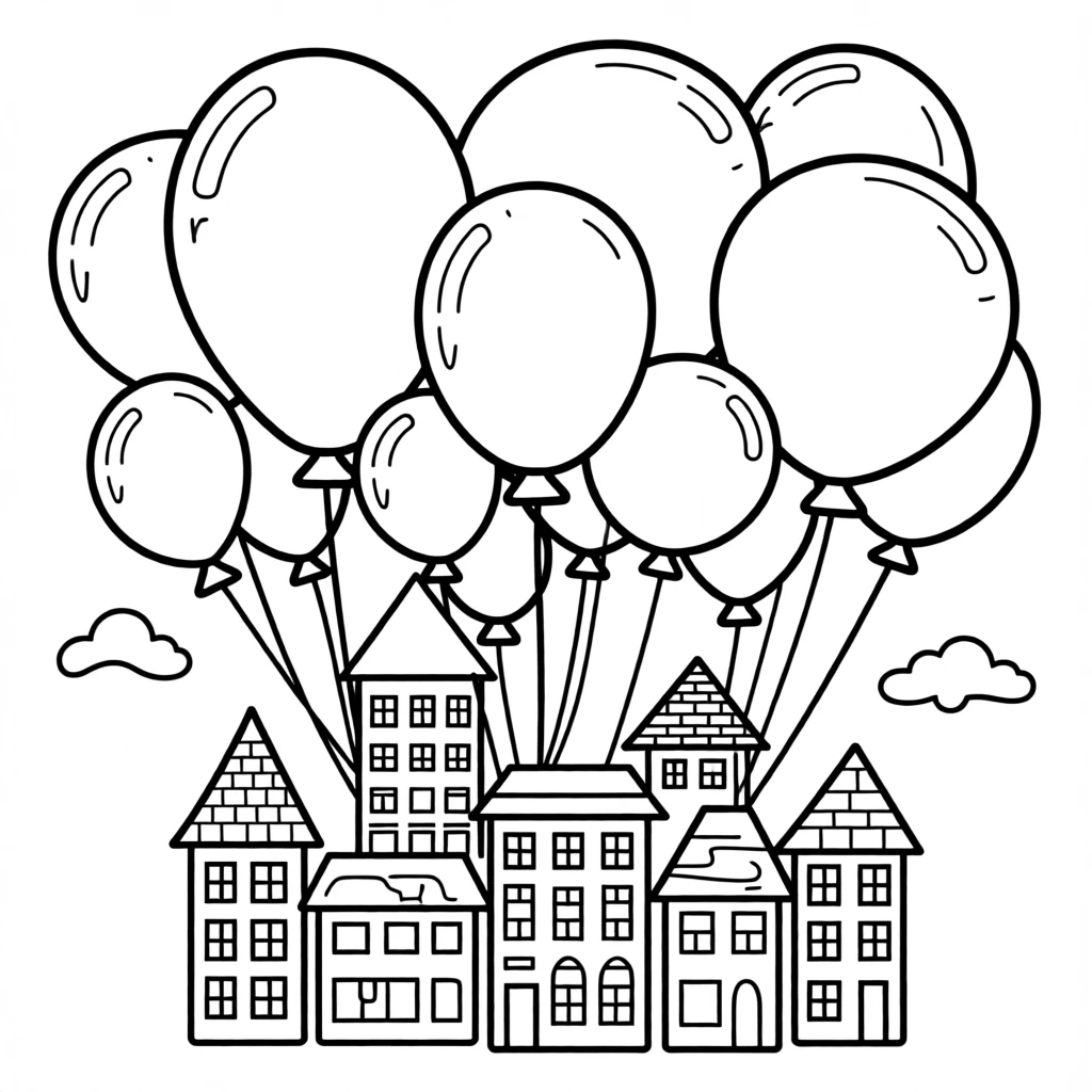 A floating city held up by colorful balloons of every size